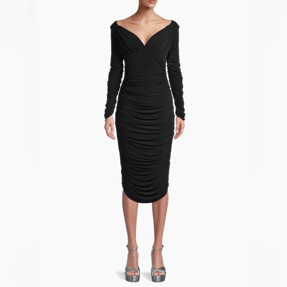 NWT Norma Kamali Tara Ruched Midi Dress Black XS Sweetheart Bodycon